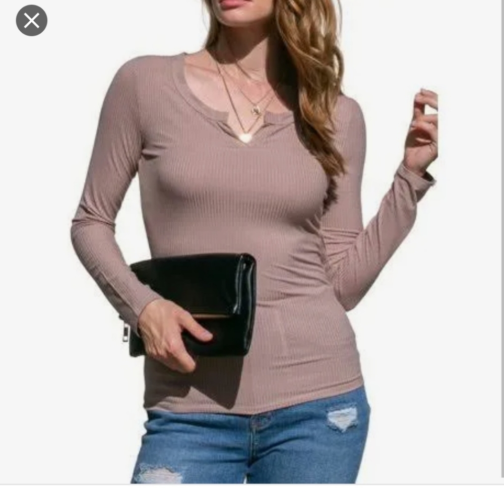 DoubleJu Silky Notched collar Taupe/tan Long sleeve top